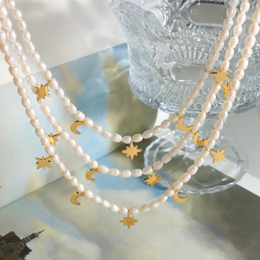 elegant luxurious baroque style star moon freshwater pearl titanium steel plating 18k gold plated necklace