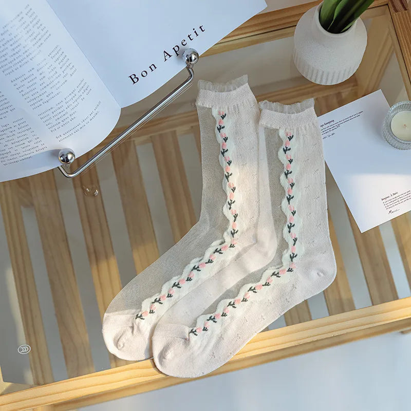A Pair Cute Japanese Style Women's Flower Nylon Crew Socks