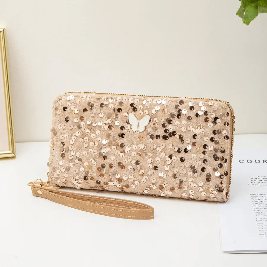 Ladies Glitter Clutch Bag Simple Butterfly Decoration Long Wallet Coin Purse Fashionable Elegant Square Shape Sparkling Bag