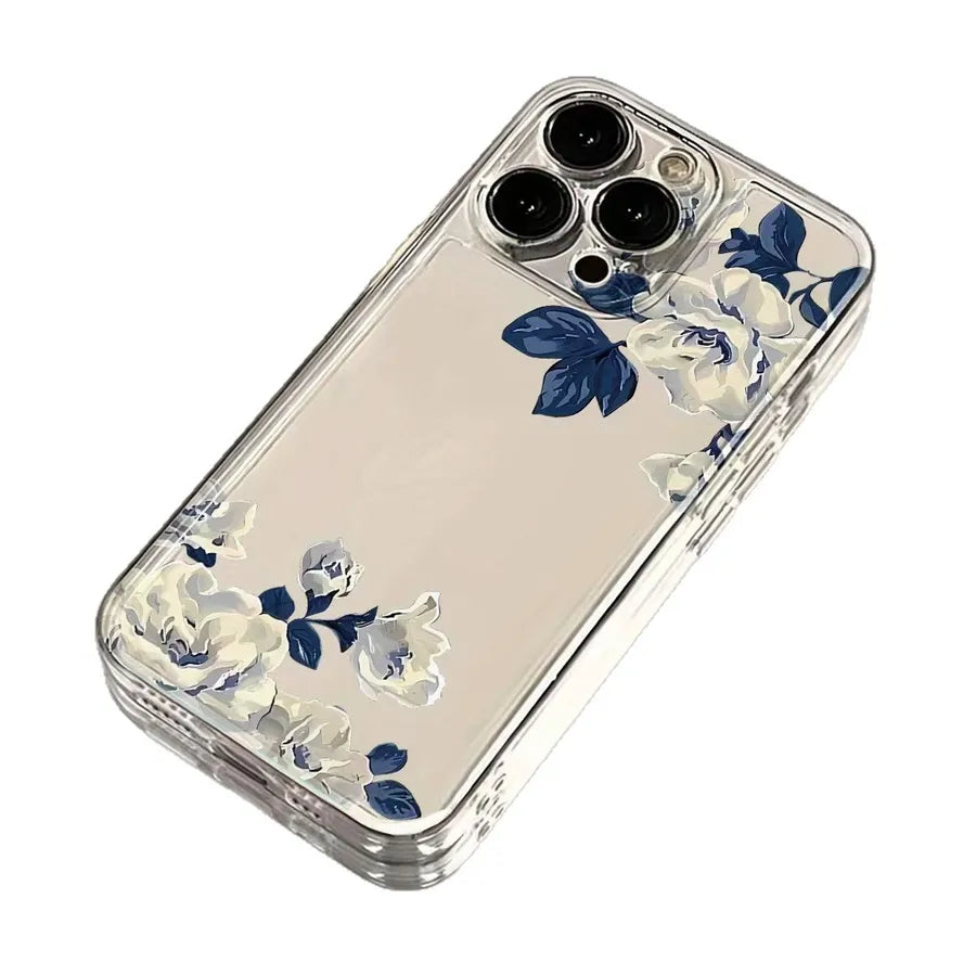 Elegant Blue Floral Design Phone Case For iPhone 15 Pro Max Transparent Space Style Apple 14 Hole Precision TPU Protective Cover