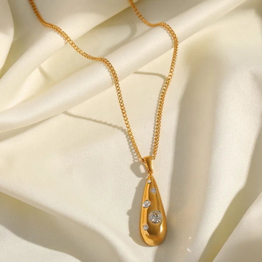 Wholesale Jewelry Elegant Cute Romantic Geometric Water Droplets 304 Stainless Steel Zircon 18K Gold Plated Plating Inlay cable chain Pendant Necklace