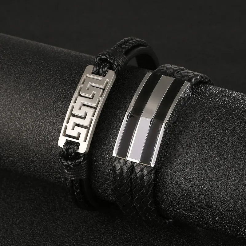 hip-hop retro color block stainless steel pu leather men's bracelets