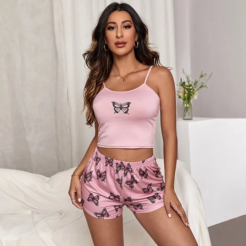 Large Size Summer Sling Shorts Home Suit Soft Dressing Butterfly Printed Pajamas Two-piece Set