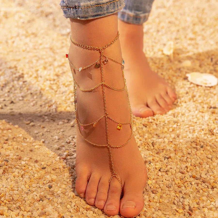 beach solid color gold plated artificial gemstones alloy wholesale anklet