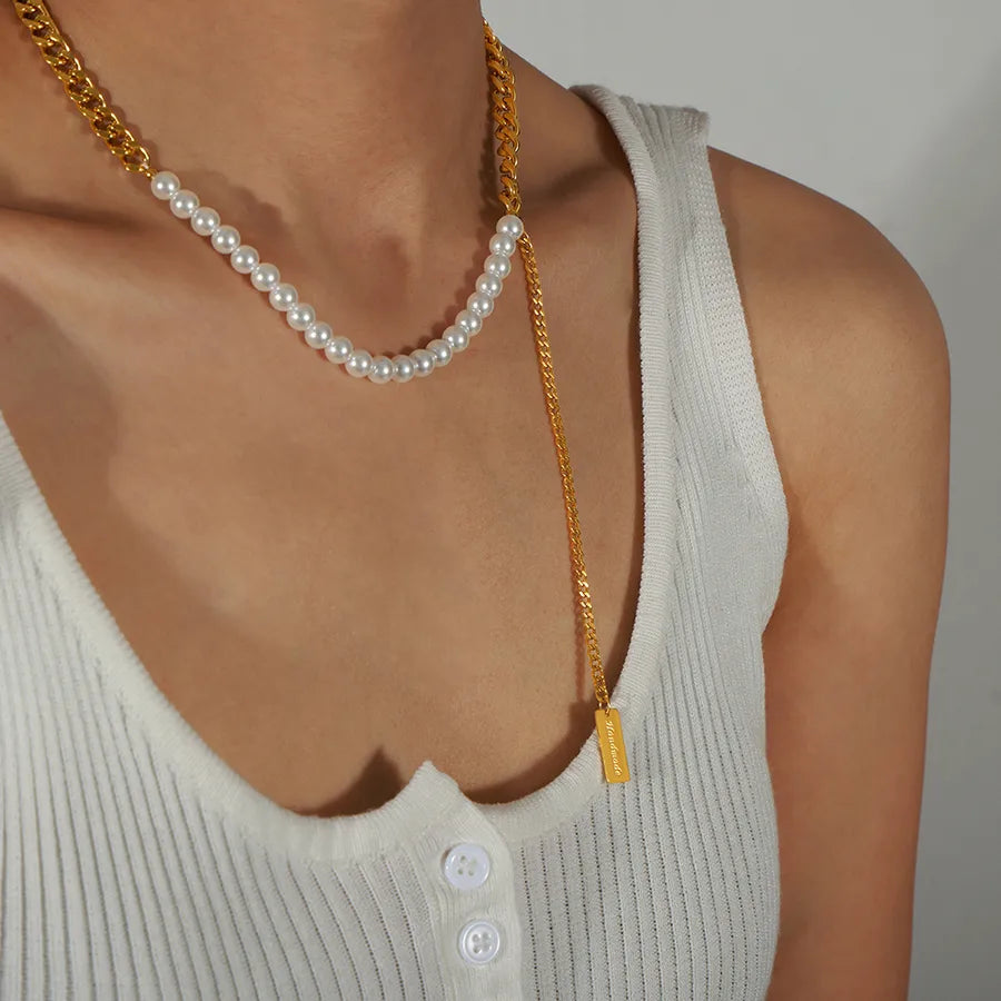 Wholesale Jewelry IG Style Elegant Rectangle Imitation Pearl Titanium Steel 18K Gold Plated Beaded Plating Necklace