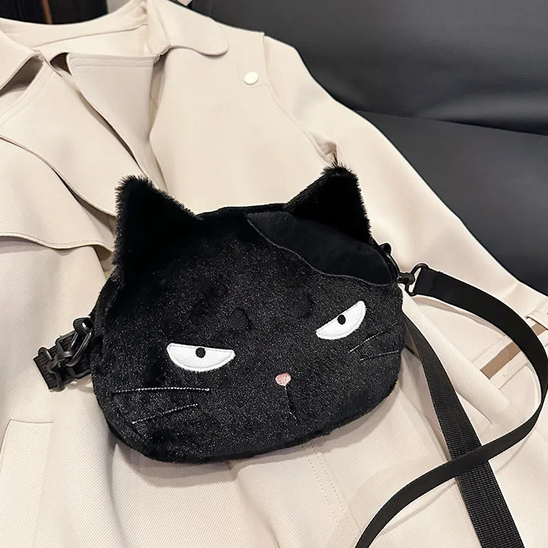 Cartoon Plush Black Cat Messenger Bag Women's Spring New Cute Shoulder Bag Ugly Cute Girl Mobile Phone Bag