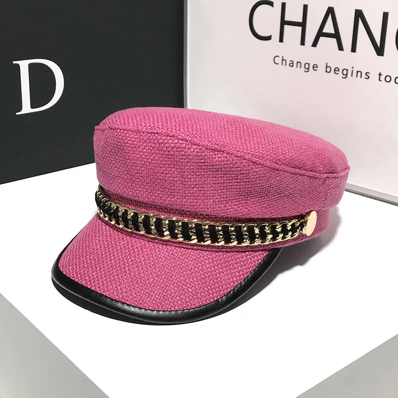 women's elegant business basic solid color chain curved eaves beret hat