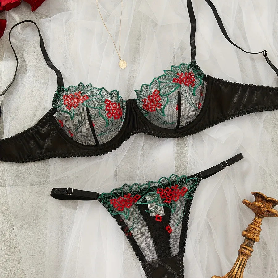 Women's Sexy Color Block Sexy Lingerie Sets Home Honeymoon Sheer Bra Low Waist See-Through Sexy Lingerie