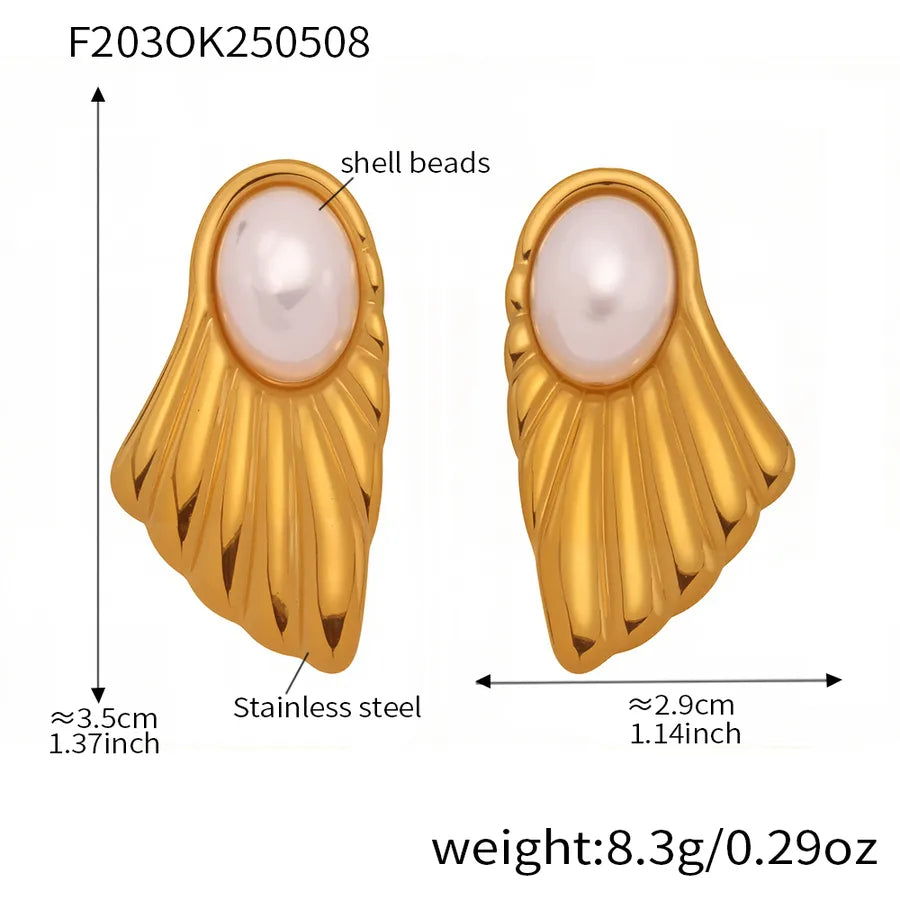 IG Style Casual Vacation Sector Scallop Plating 304 Stainless Steel Imitation Pearl Artificial Pearls 18K Gold Plated Earrings Ear Studs