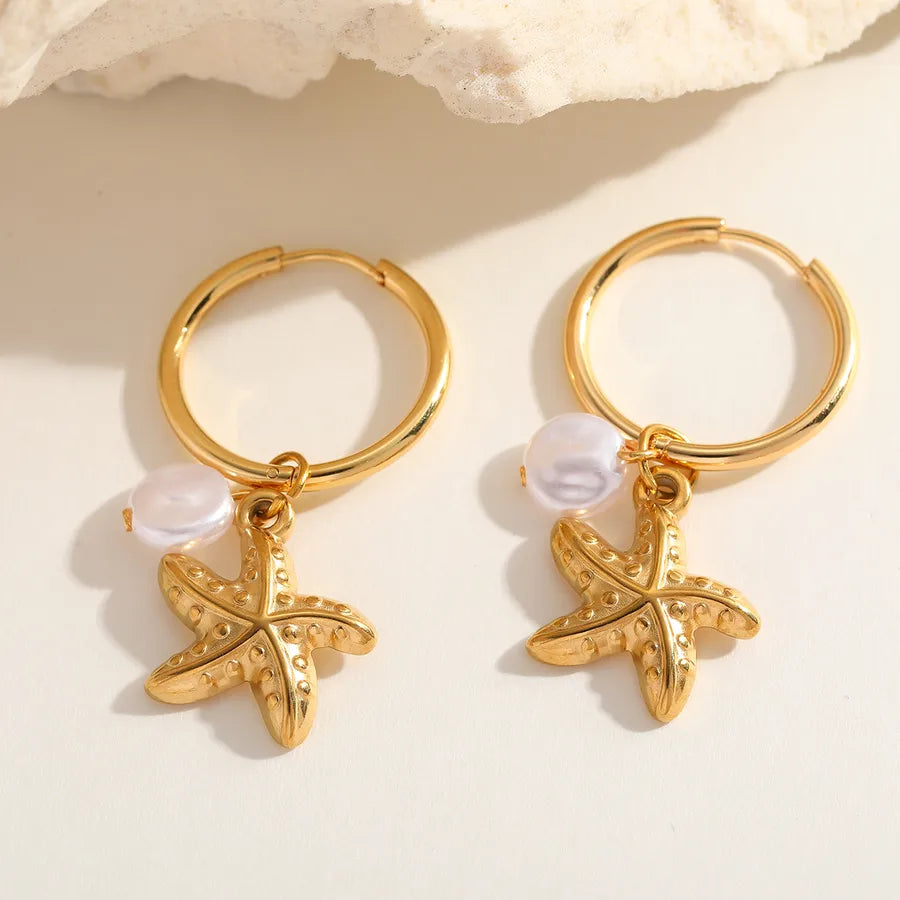 1 Piece Cute Romantic Marine Style Irregular Geometric Starfish Plating Inlay 304 Stainless Steel Imitation Pearl 18K Gold Plated Earrings