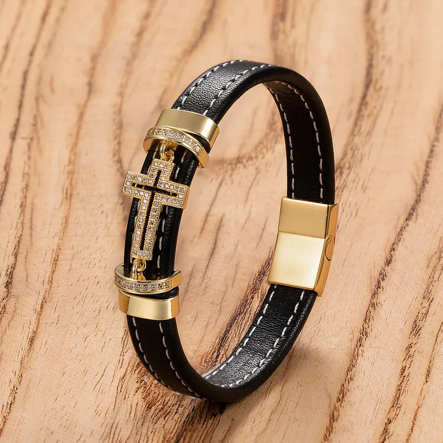 Retro Punk Simple Style Cross 316L Stainless Steel Leather rope Women's Men's Bracelets Men Cord & Leather Bracelets