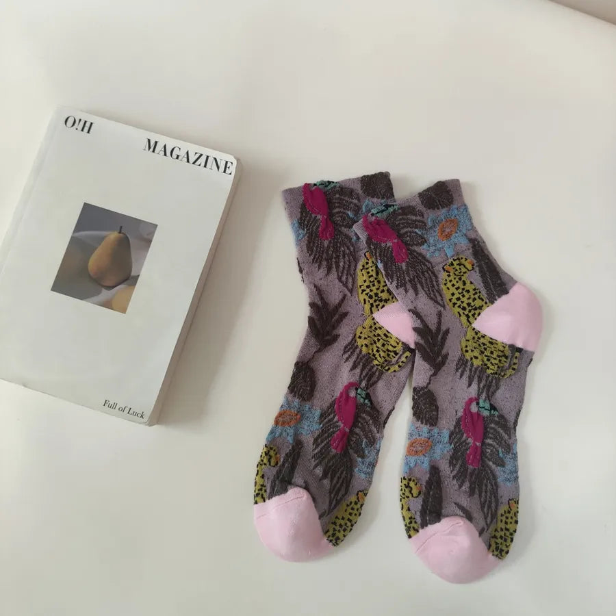 A Pair Casual Women's Printing Flower Cotton Crew Socks