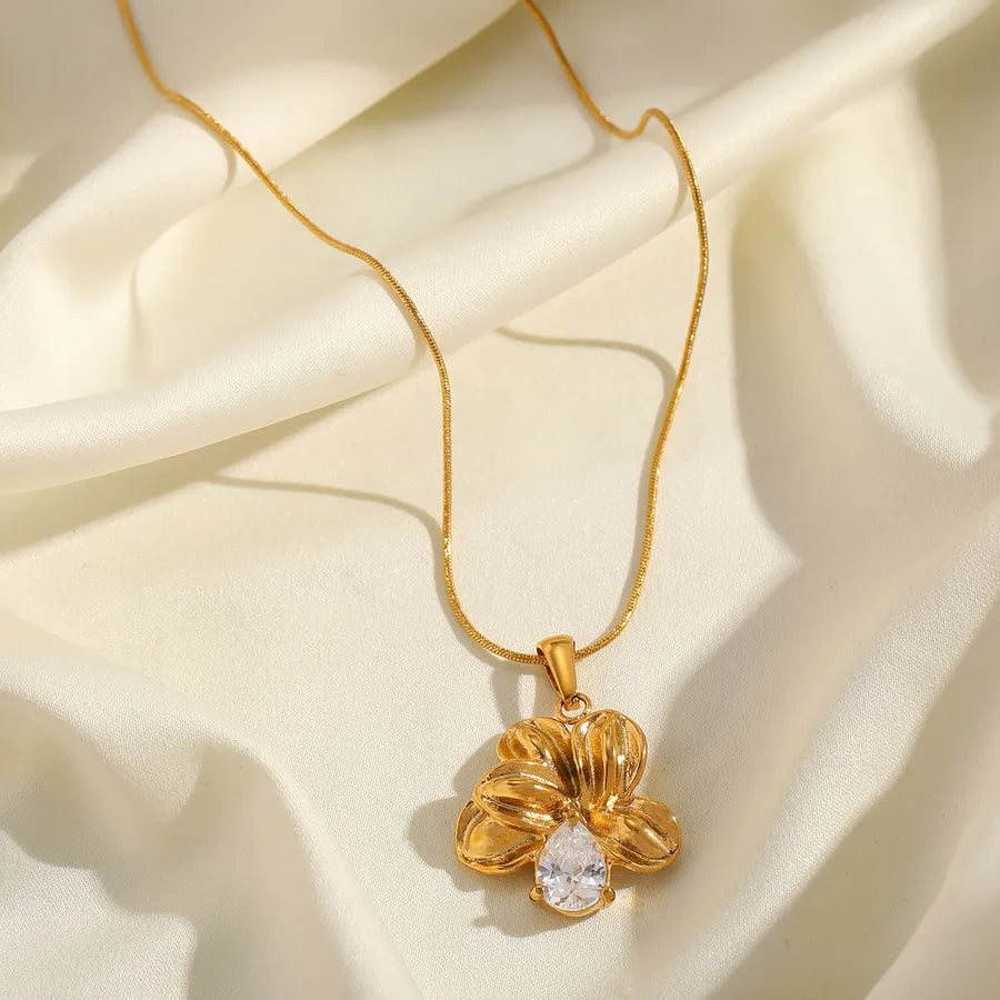 Wholesale Jewelry Elegant Cute Romantic Geometric Water Droplets Flower 304 Stainless Steel Zircon 18K Gold Plated Plating Inlay Twisted Rope Chain Pendant Necklace