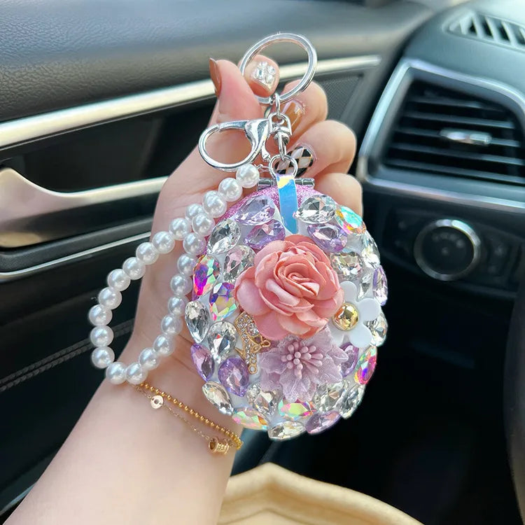 Crystal glass mirror keychain diy finished product portable makeup mirror bag pendant gift live Yiwu