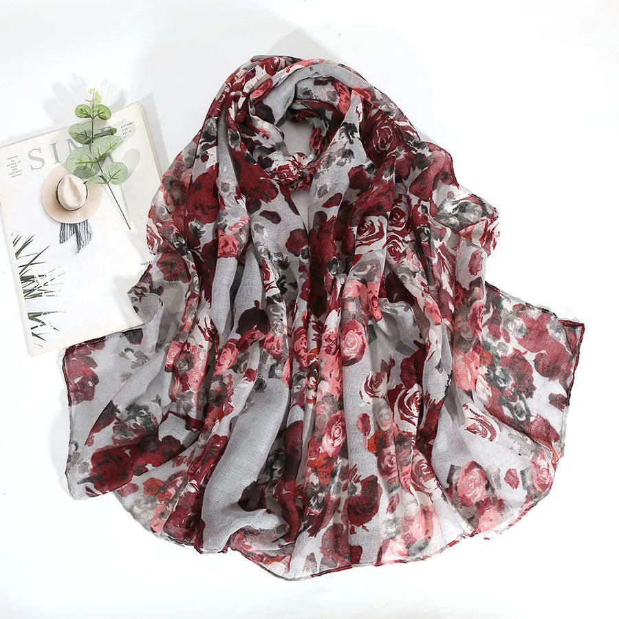Women's Elegant Ditsy Floral Voile Silk Scarf