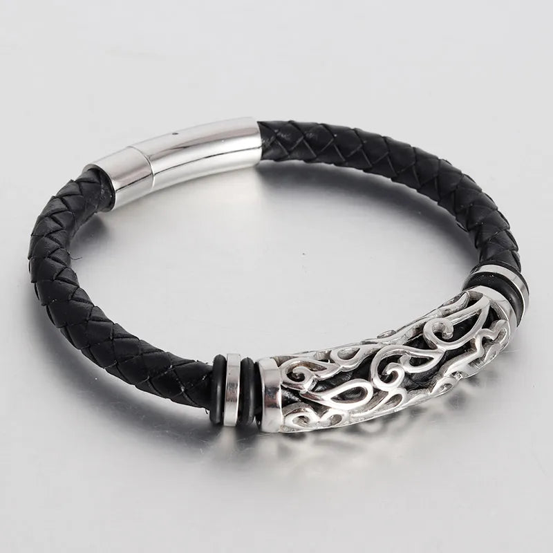 Vintage Style Classic Style Geometric Pu Leather Titanium Steel Woven Chain Wrap Bracelets Wholesale