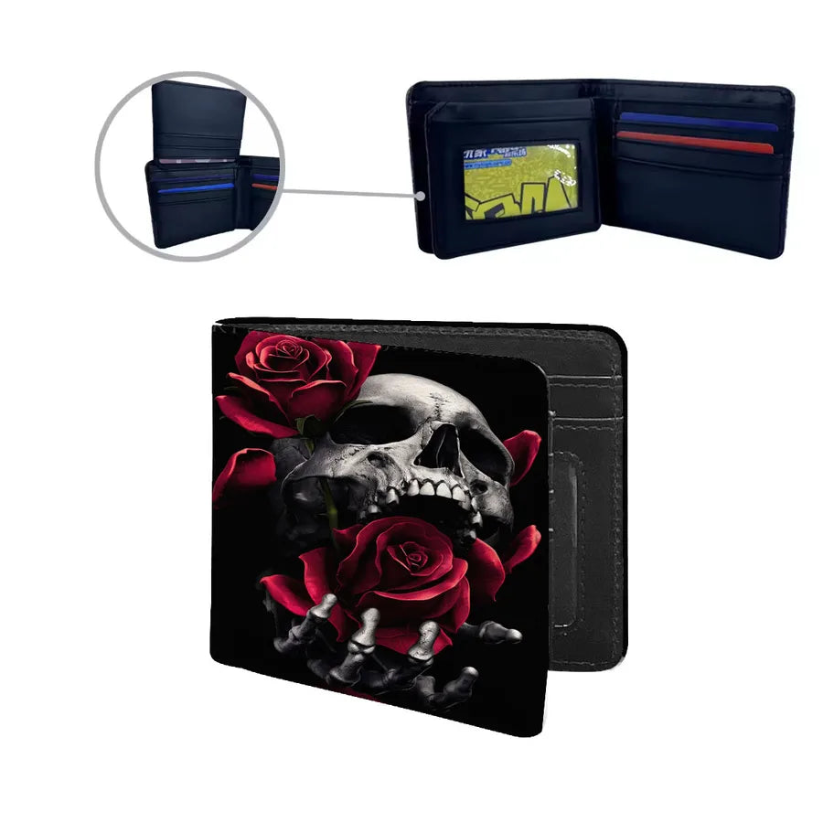 Men's Floral Skull Pu Leather Flip Cover Wallets