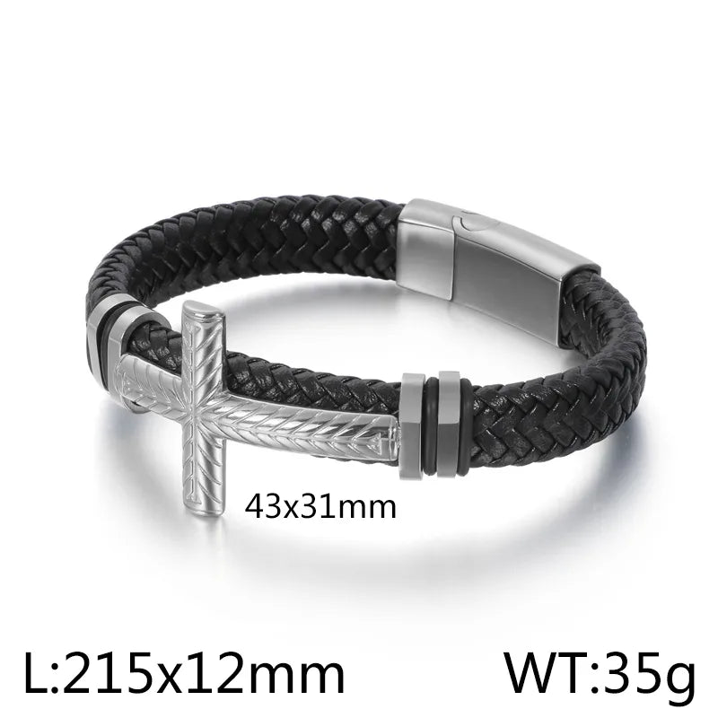 1 piece fashion cross cowhide titanium steel plating men's bangle