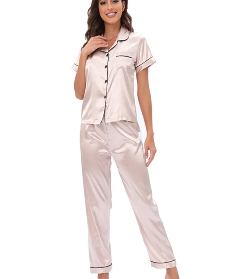 Middle East Europe Women's Home Clothes Two-Piece Set Color Silk Set Sleepwear Casual Luxury Summer Polyester Fabric
