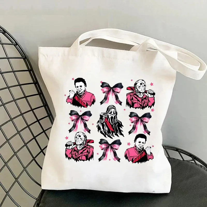 Halloween Print Canvas Tote Bag Single Shoulder Foldable Handbag Shopping Bag Large Size Retro Style