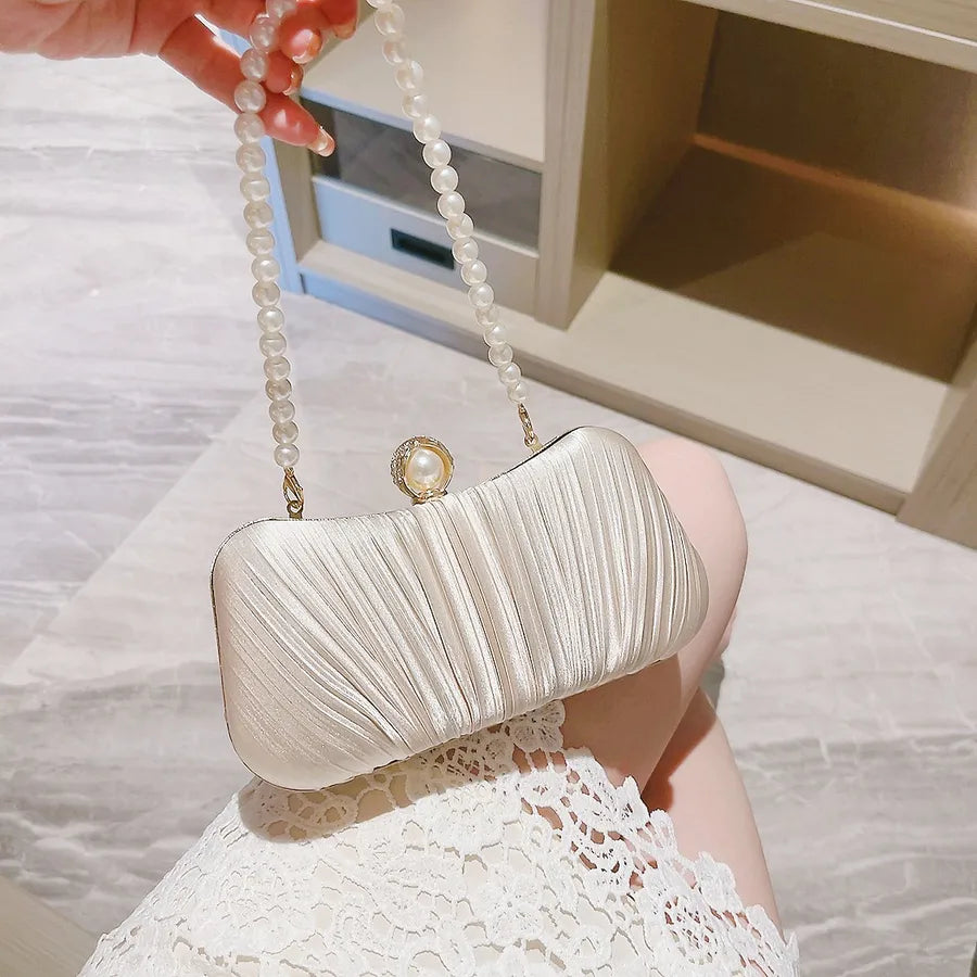 Women's Silk Solid Color Classic Style Streetwear Rhinestone Pearls Square Lock clasp Crossbody Bag