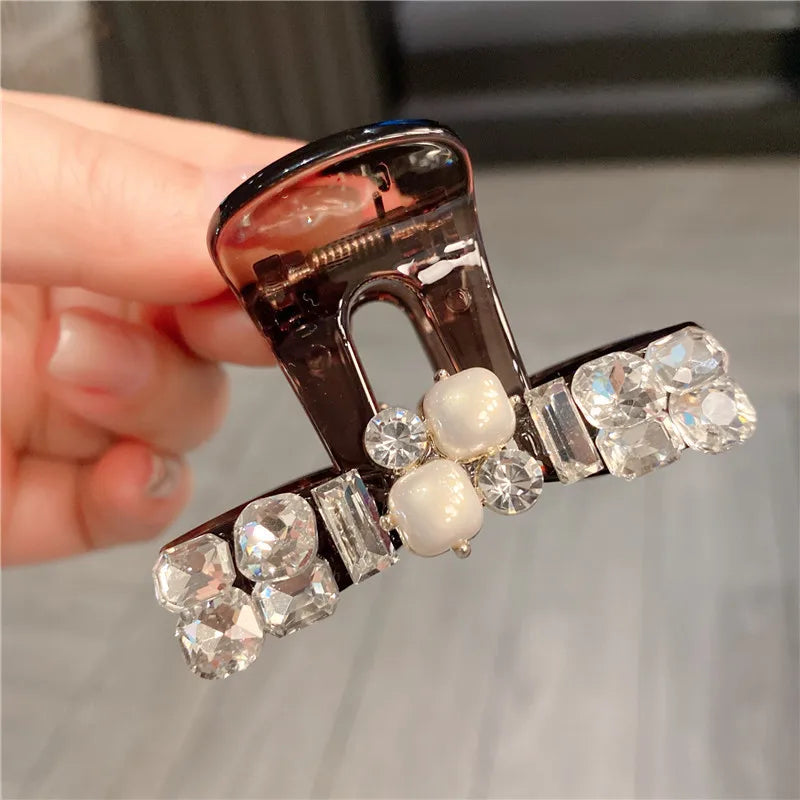 Sparkling Pearl Rhinestone Hair Clip Medium Size Half Up Shark Clamp Glittering Women's Hair Accessories Sweet Back Of Head Bun
