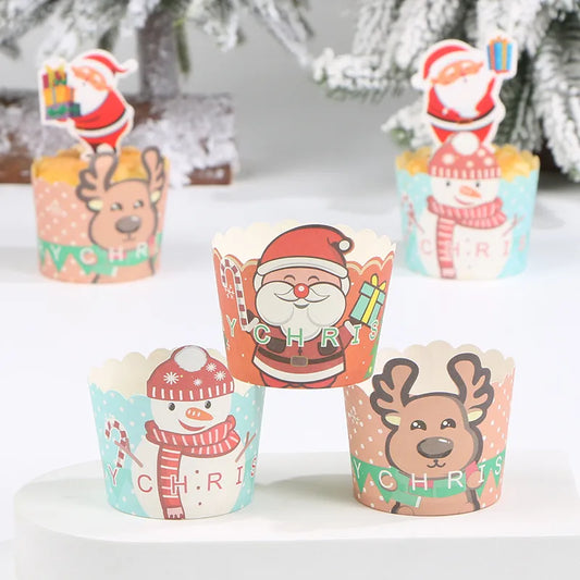 Christmas Theme Cake Cup Maker Thickened Muffin Cup Deer Round Cake Cup Heat Resistant Durable Cup 50 Pieces Baking Packaging
