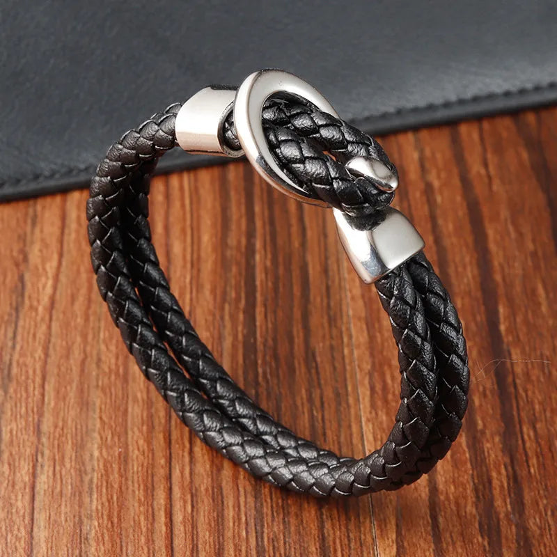 Hip-Hop Vintage Style Geometric Pu Leather Titanium Steel Woven Chain Wrap Bracelets Wholesale