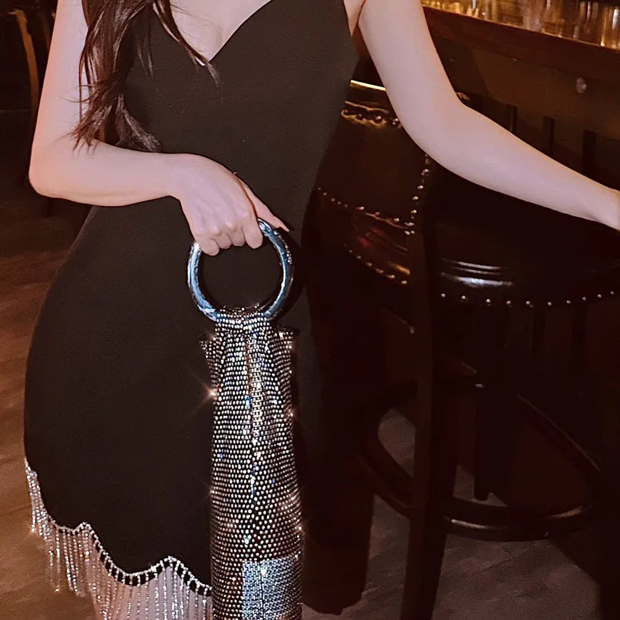 women's one size rhinestone solid color sexy cylindrical open handbag evening bag