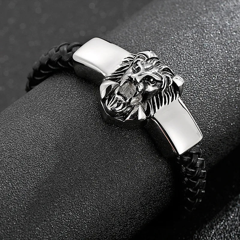 hip-hop retro color block pu leather titanium steel braid men's bangle