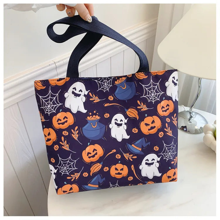 Halloween High Capacity Tot Bag Pumpkin Witch Casual Single Shoulder Bucket Shape Zipper Closure Nylon Material Street Style
