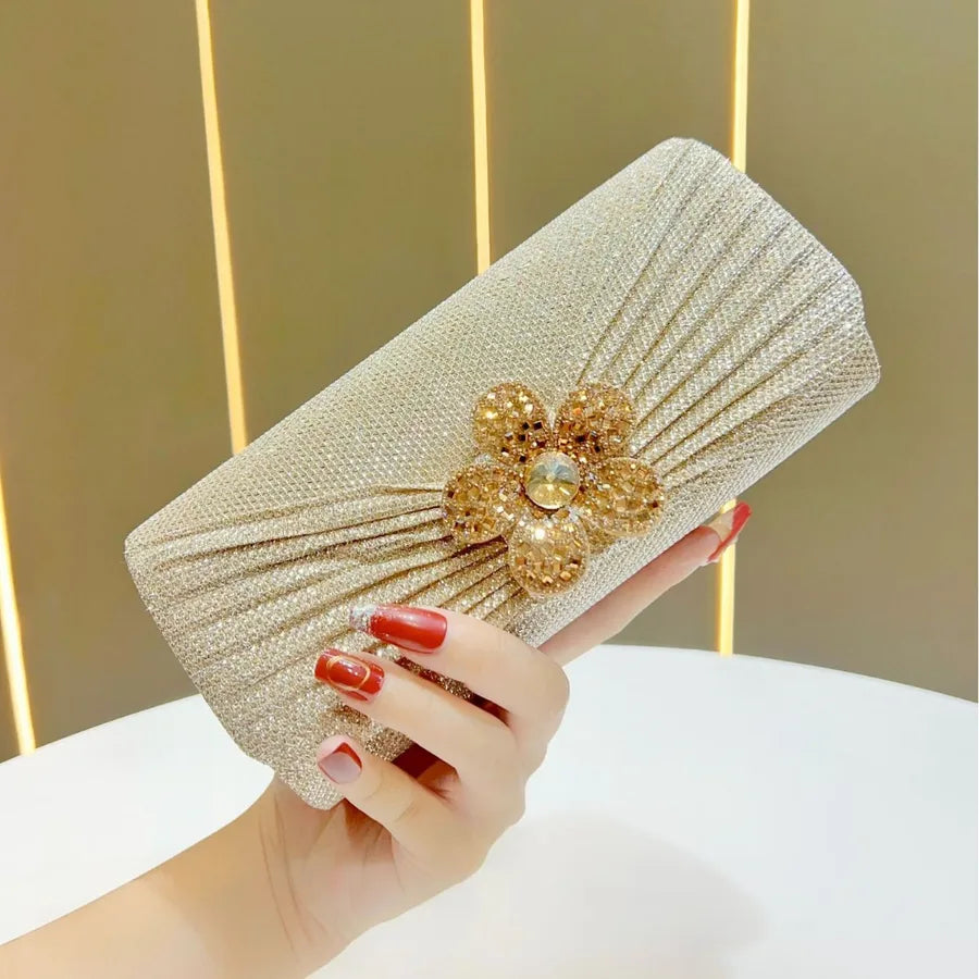 Elegant Evening Bag For Women Diamond Embedded Flower Design Chain Handbag Square Shape Polyester Material Fashionable Trend