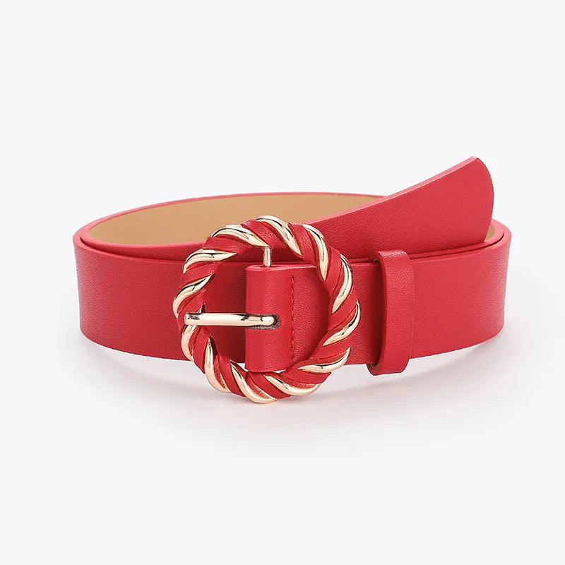 retro round solid color pu leather alloy women's leather belts