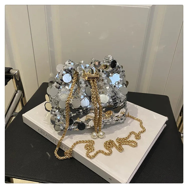 Large Sequin Trendy Personality Stylish Large-Capacity Chain Summer Drawstring Crossbody Shoulder Evening Handbag Bucket Bag