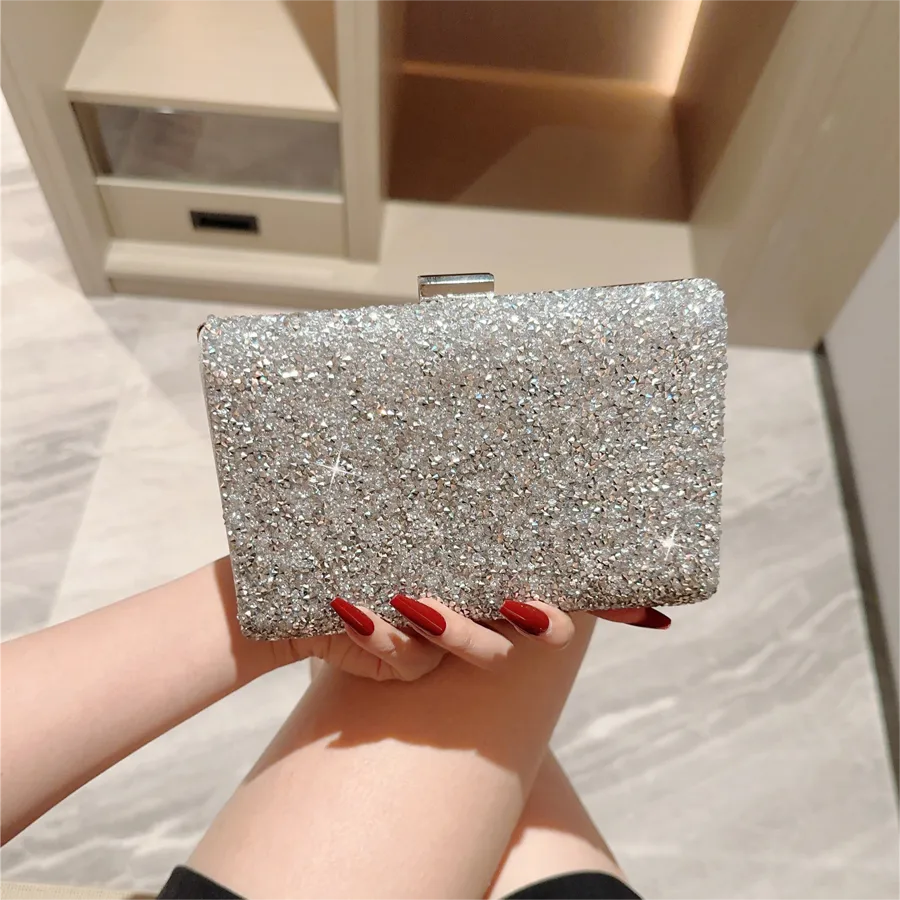 Silver Rhinestone Solid Color Chain Square Evening Bags