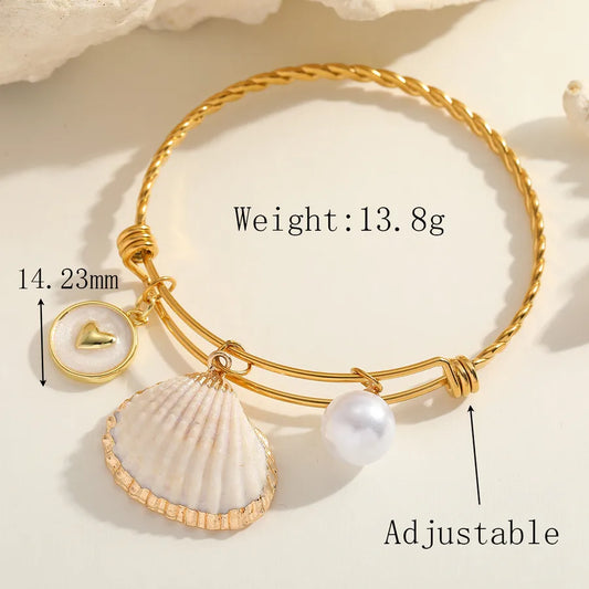 Cute Romantic Marine Style Geometric Heart Shape Shell 304 Stainless Steel 18K Gold Plated Imitation Pearl Natural Shell Bangle In Bulk