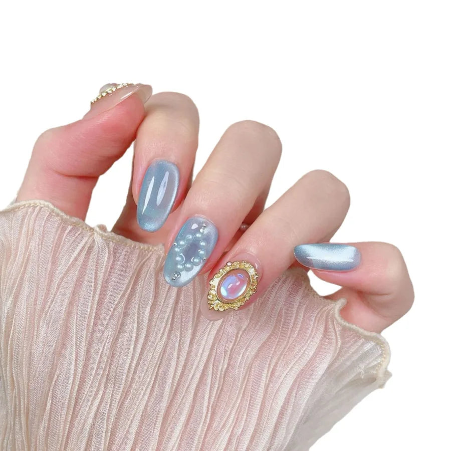 Handmade Cat Eye Nail Tips Pure Gold Mirror Powder Detachable Wearing False Nails Starry Sky Pattern High Gloss Sensation