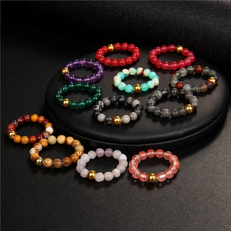 retro solid color natural stone beaded rings 1 piece