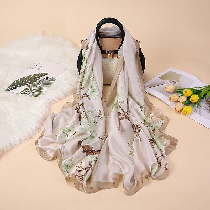 fashion flower satin printing silk scarves