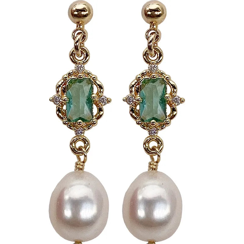 1 Pair 925 Sterling Silver Freshwater Pearl Gem Geometric Drop Earrings