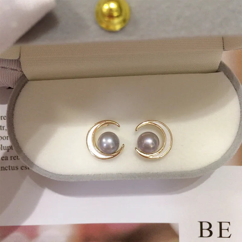 Zhuji Pearl Natural Freshwater Pearl Earrings for Women 18K Bag Gold Light Luxury High-end Crescent-shaped Pearl Earrings