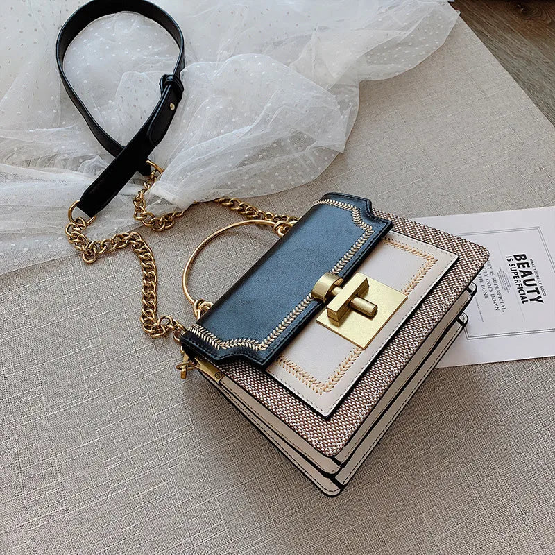 women's small pu leather color block fashion square lock clasp handbag