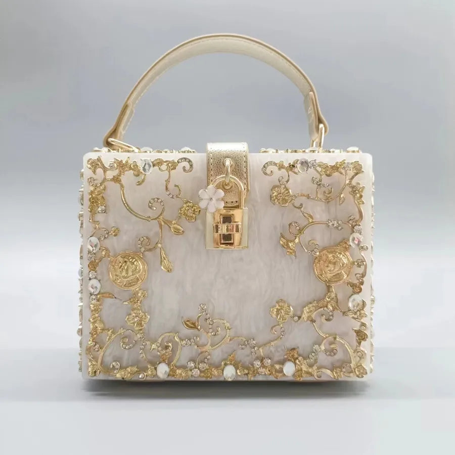 Clearance acrylic dinner bag hollow metal carved Diamond-embedded handbag shoulder crossbody women's bag