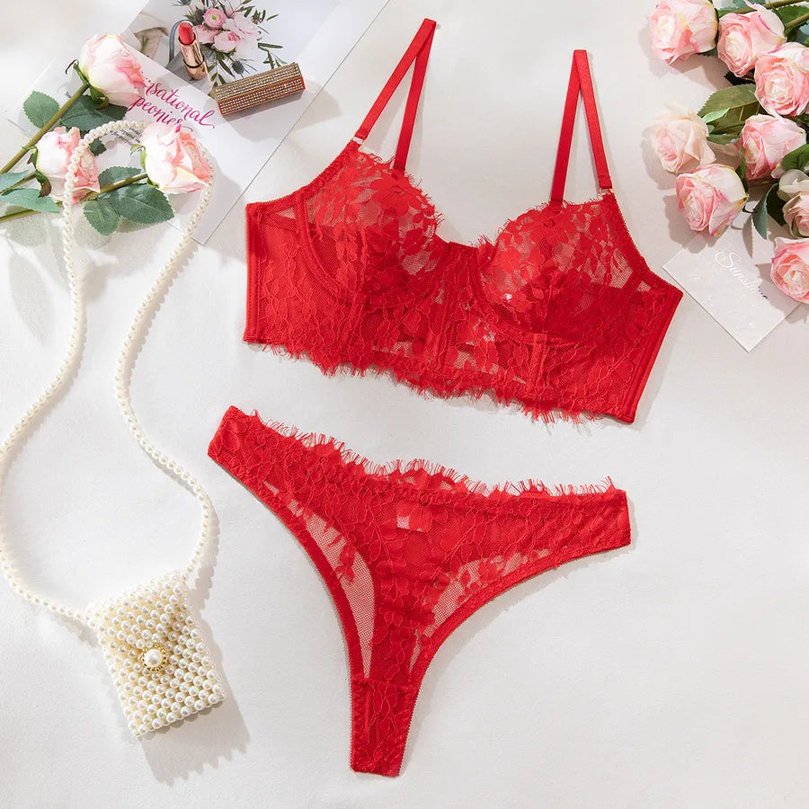 women's sexy flower sexy lingerie sets party see-through underwire bra low waist thong sexy lingerie