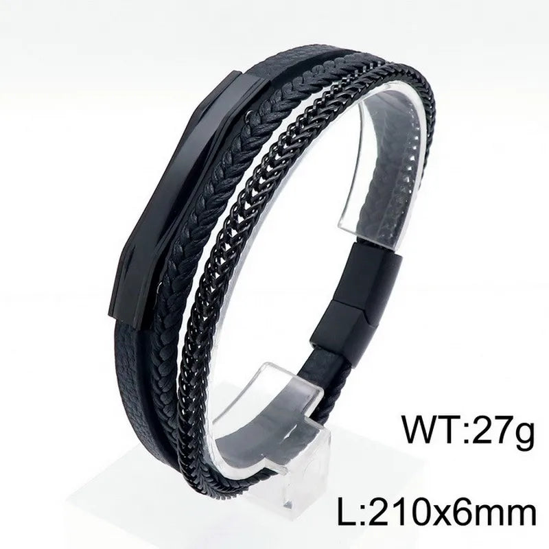 Simple Style Commute Color Block Pu Leather Titanium Steel Patchwork Plating 18K Gold Plated Men's Bracelets