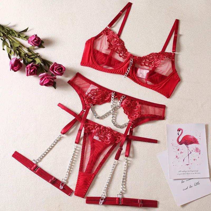 women's sexy solid color flower sexy lingerie sets party chain sheer bra low waist thong sexy lingerie