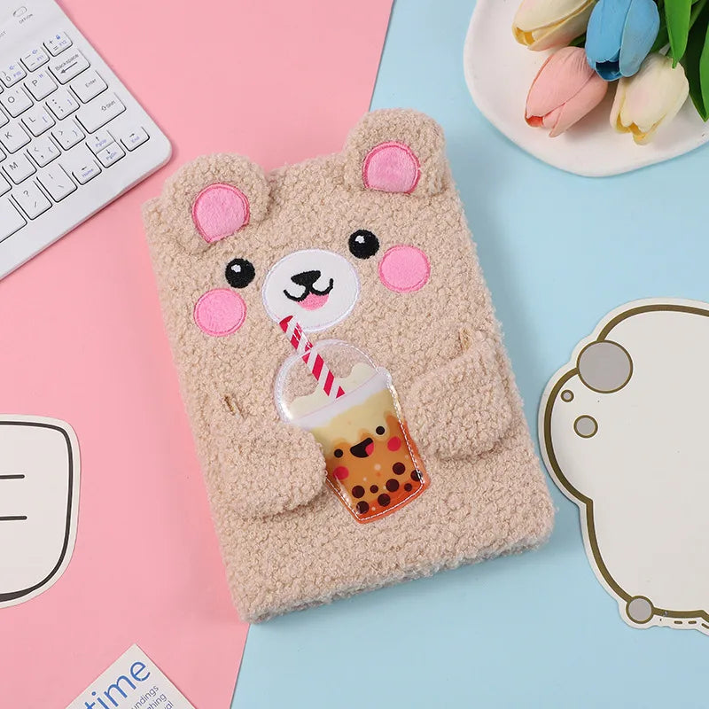 Adorable Bear Plush Notebook Cartoon Children's Soft Toy Journal Holiday Gift Handmade Book Light Brown And Pink Colors
