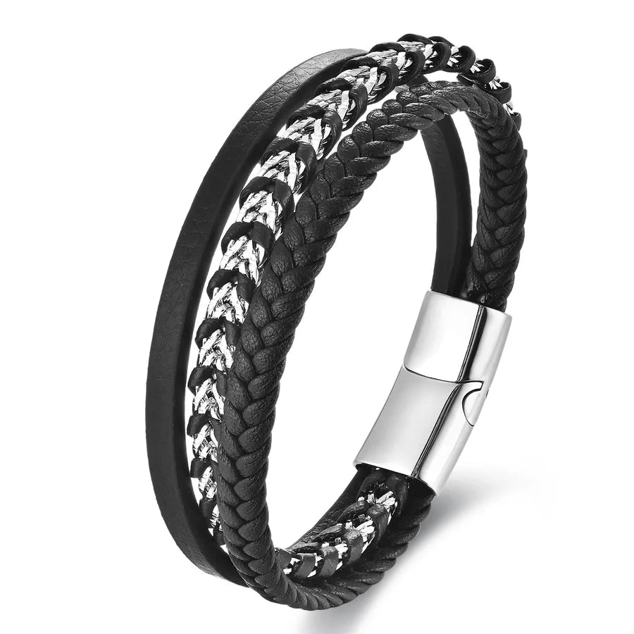 Retro Punk Geometric 316L Stainless Steel Pu Leather Polishing Men's Bracelets Men Cord & Leather Bracelets