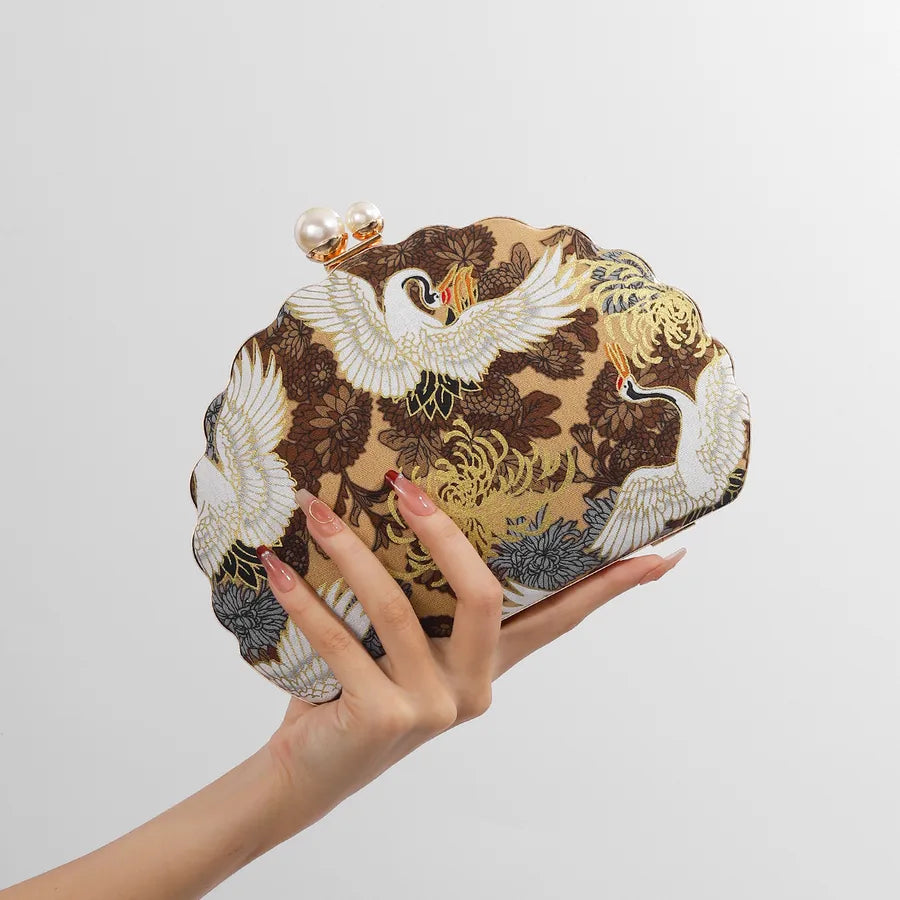 women's all seasons woven fabric flower crane elegant vintage style shell lock clasp evening bag