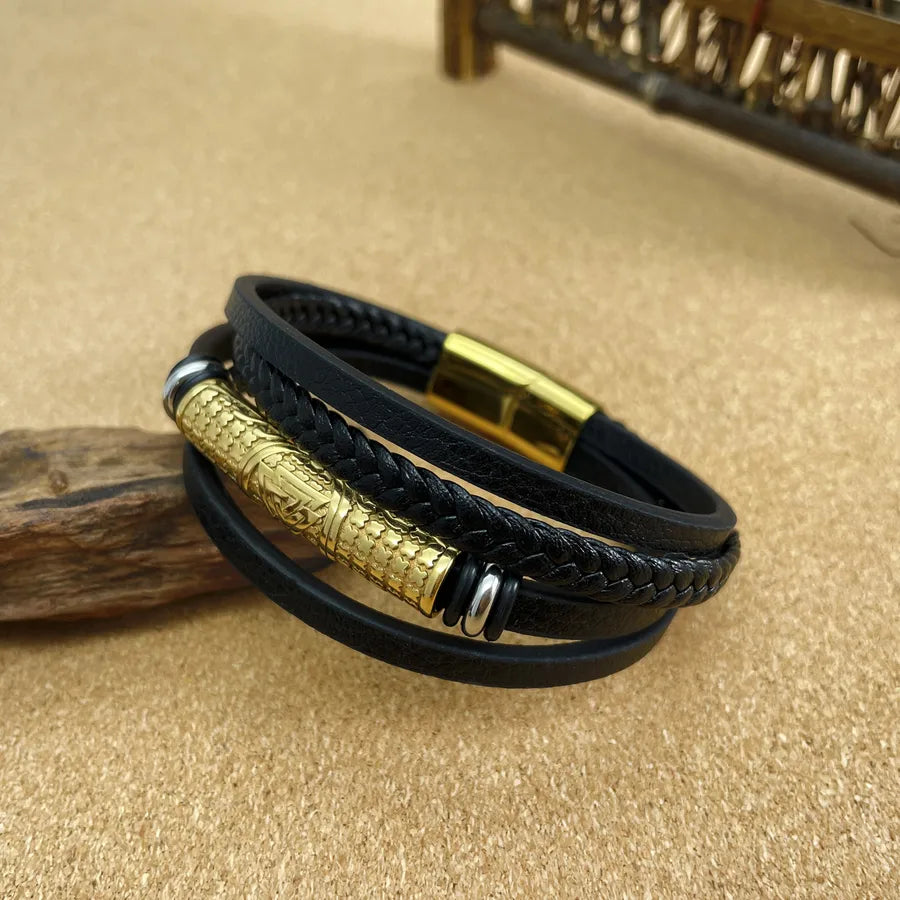 Retro Punk Solid Color 304 Stainless Steel Pu Leather Men's Bangle Men Cord & Leather Bracelets